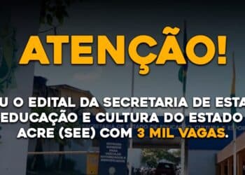 Saiu o edital da Secretaria de Estado de Educação e Cultura do Estado do Acre (SEE) com 3 mil vagas.
